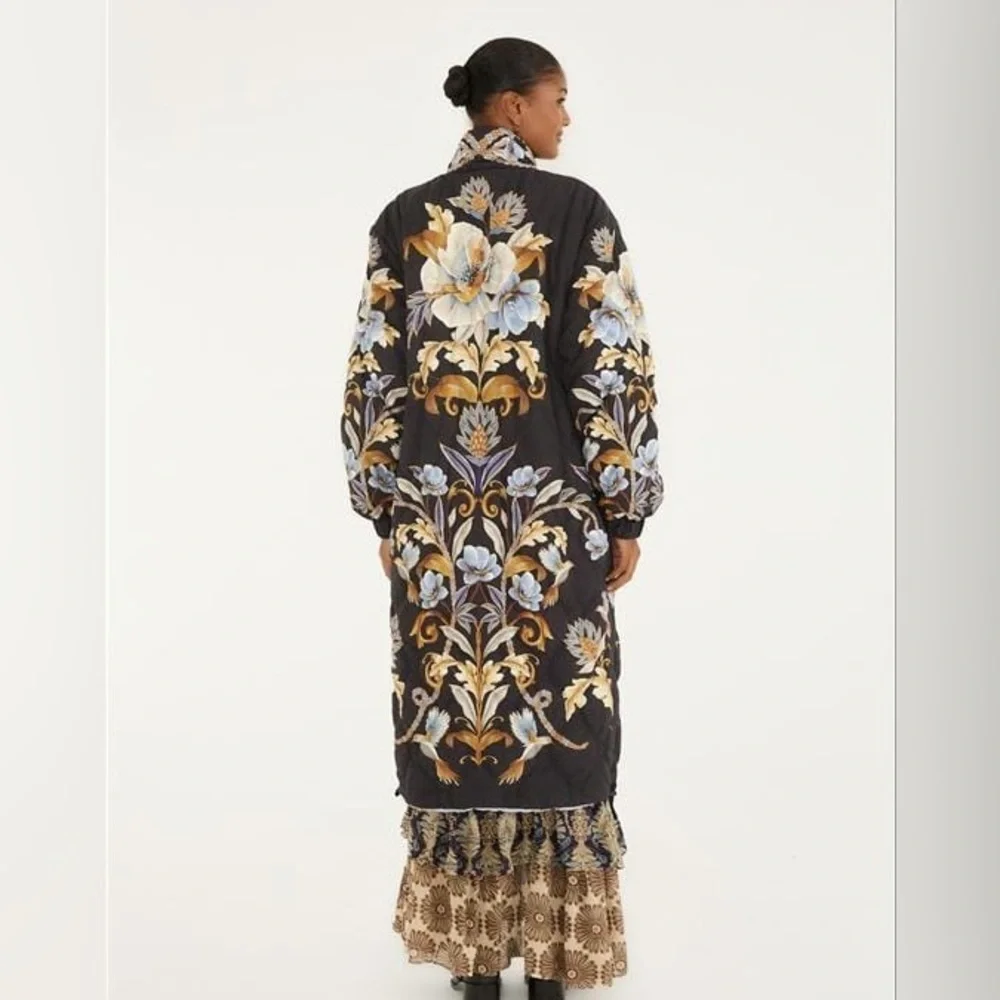 Farm Rio: Black Flowerful Snake Garden Reversible Maxi Puffer Jacket DT - Picture 7 of 14